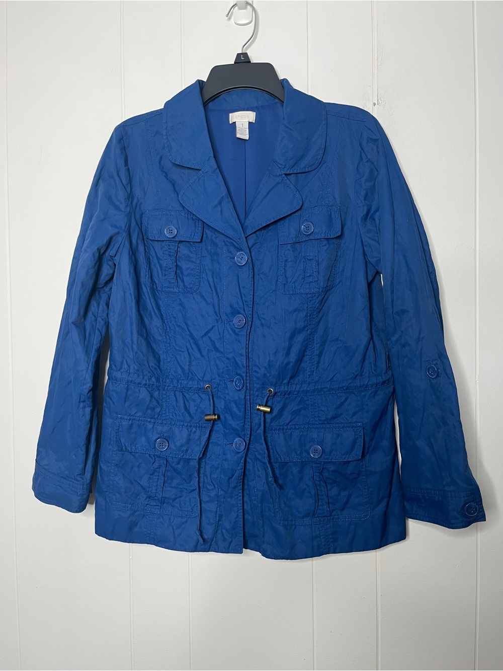 Chico;s Blue Women's Lightweight Button Front Jacket Casual Metallic Sheen